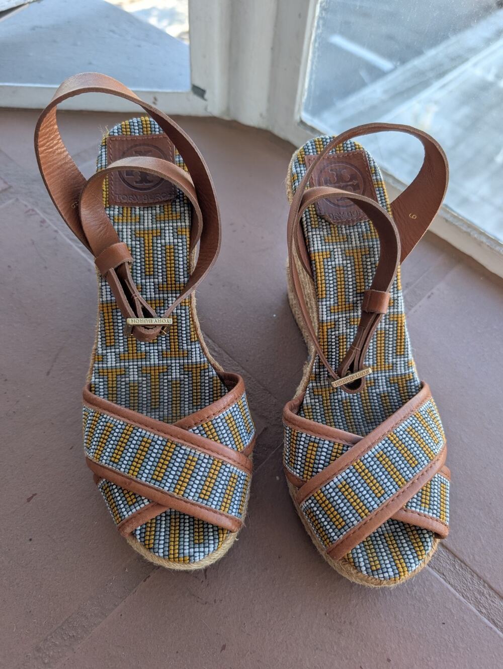 Tory Burch Wedge Sandals Espadrilles Florian Criss Cross Embroidered Shoes Sz 9